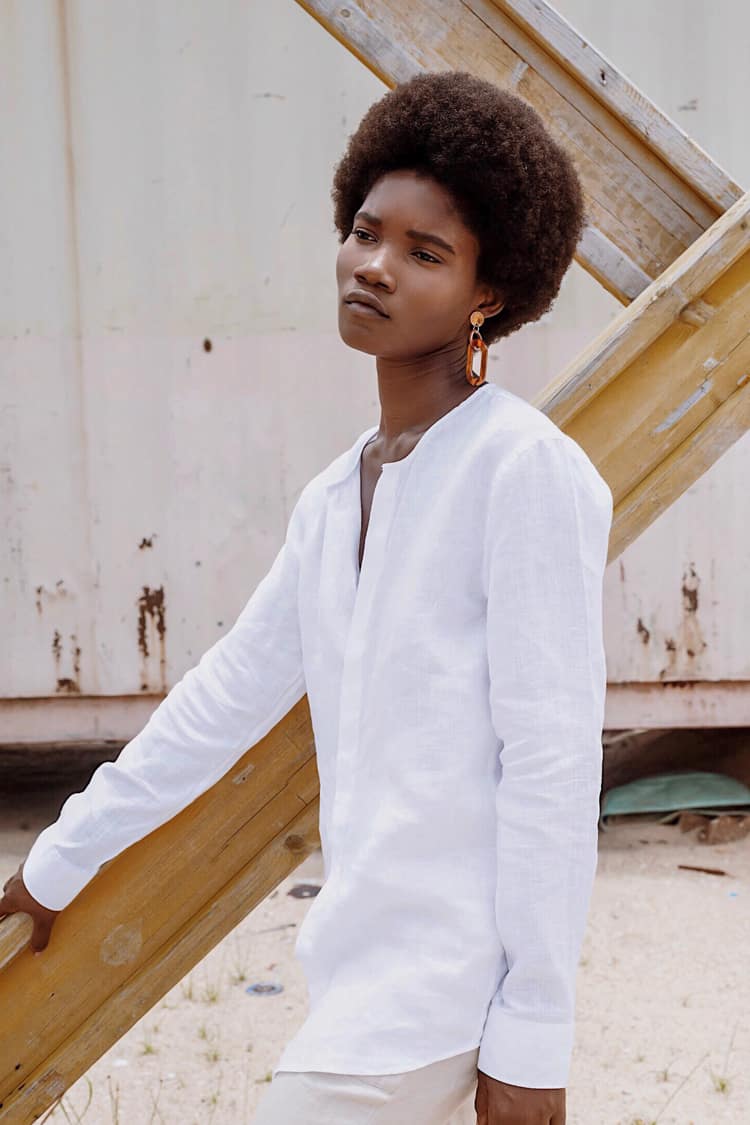 Collarless linen shirt womens Clearance