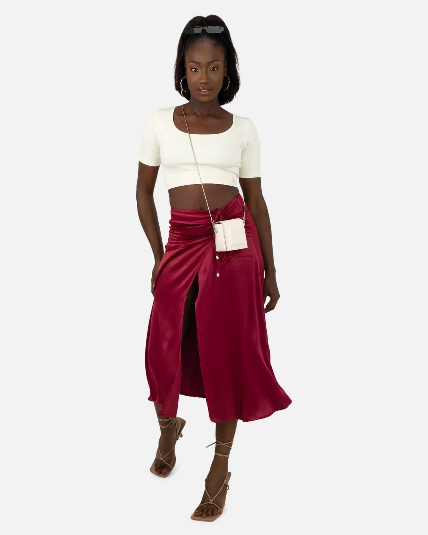 Ruched Satin Skirt in Burgundy