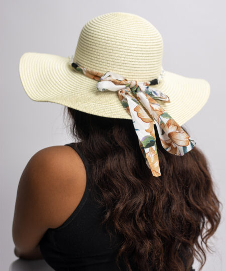 Wide Brim Floppy Hat with Pearl Satin Bowknot in Beige