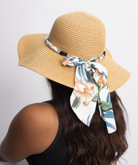 Wide Brim Floppy Hat with Pearl Satin Bowknot in Brown