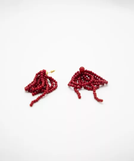 Beaded Bowknot Tassel Drop Earrings in Red