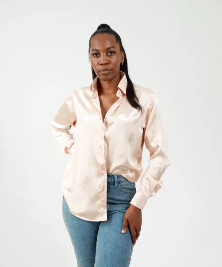 Button Down Silk Long Sleeve Shirt in Gold