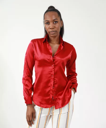 Button Down Silk Shirt Long Sleeve Shirt in Burgundy
