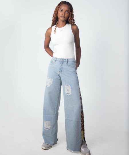 Stoned-Chain Distressed Jeans in Blue