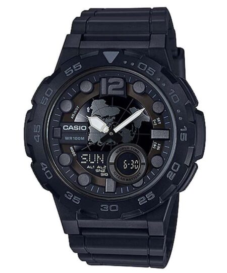 CASIO AEQ100W-1BV Men’s Analog Digital Metallic 3D Dial Black Resin Watch