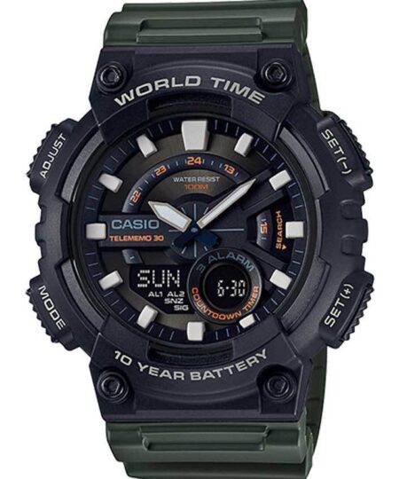 CASIO AEQ110W-3AV MEN’S ANALOG DIGITAL TELEMEMO/DATABANK GREEN RESIN WATCH