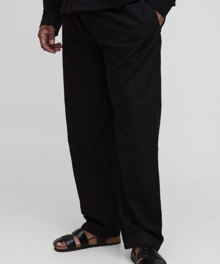 Plus Linen Look Elasticated Waist Straight Leg Trousers
