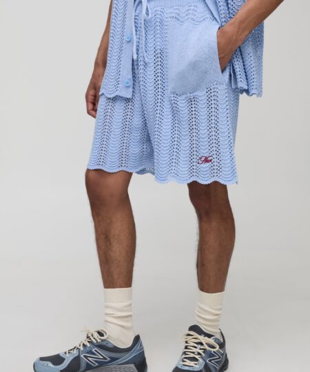 MAN Relaxed Embroidered Wavy Crochet Knitted Short