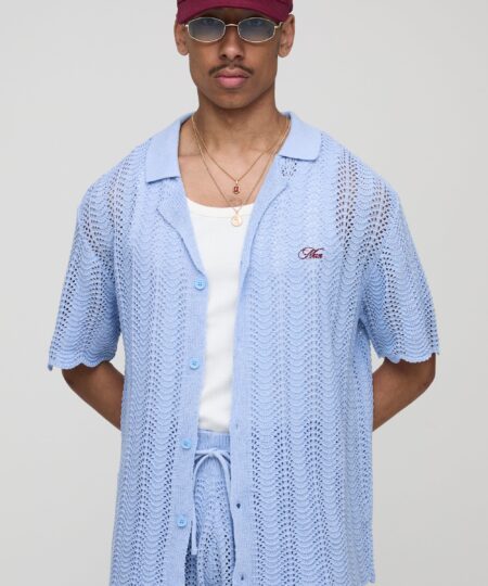MAN Embroidered Relaxed Crochet Wavy Knitted Shirt