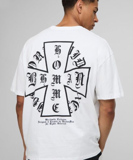 White Oversized Homme Cross Printed T-Shirt