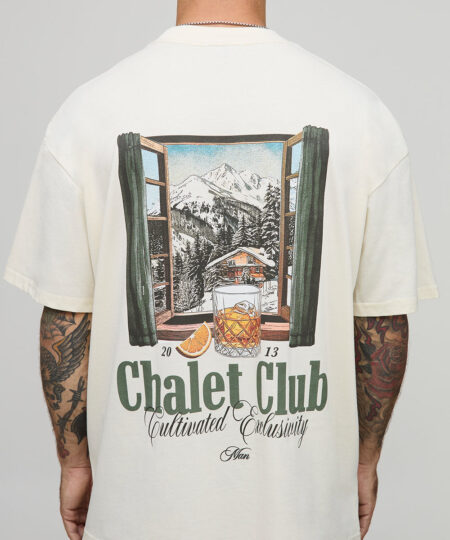 Ecru Oversized Extended Neck Chalet Mountain Alps Landscape T-Shirt