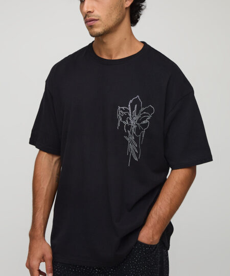 Black Oversized Floral Rhinestone T-Shirt