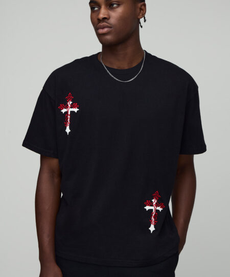 Black Oversized Cross Embroidered Puff Print T-Shirt