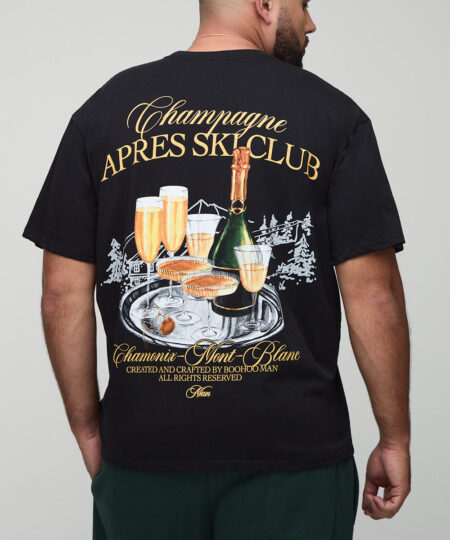 Plus Oversized Man Script AprÃ¨s Ski Champagne Print T-Shirt