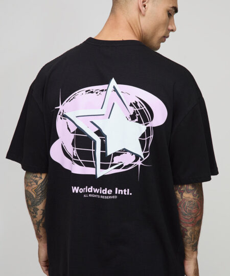 Black Oversized Official Globe Star Print T-Shirt